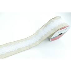 2.5 Inch Natural Linen Wired Ribbon With Lace In The Center, 25 Feet Per Spool (Lot of 1 Spool) SALE ITEM